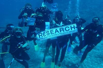 Volunteers posing for the camera whilst on a shark research dive in Fiji A group of Projects Abroad volunteers posing underwater in Fiji