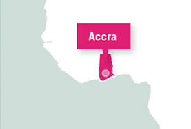 Volunteer Ghana A map showing Accra in Ghana, where our global gap year volunteers have an orientation and join a project to care for and work with local children.